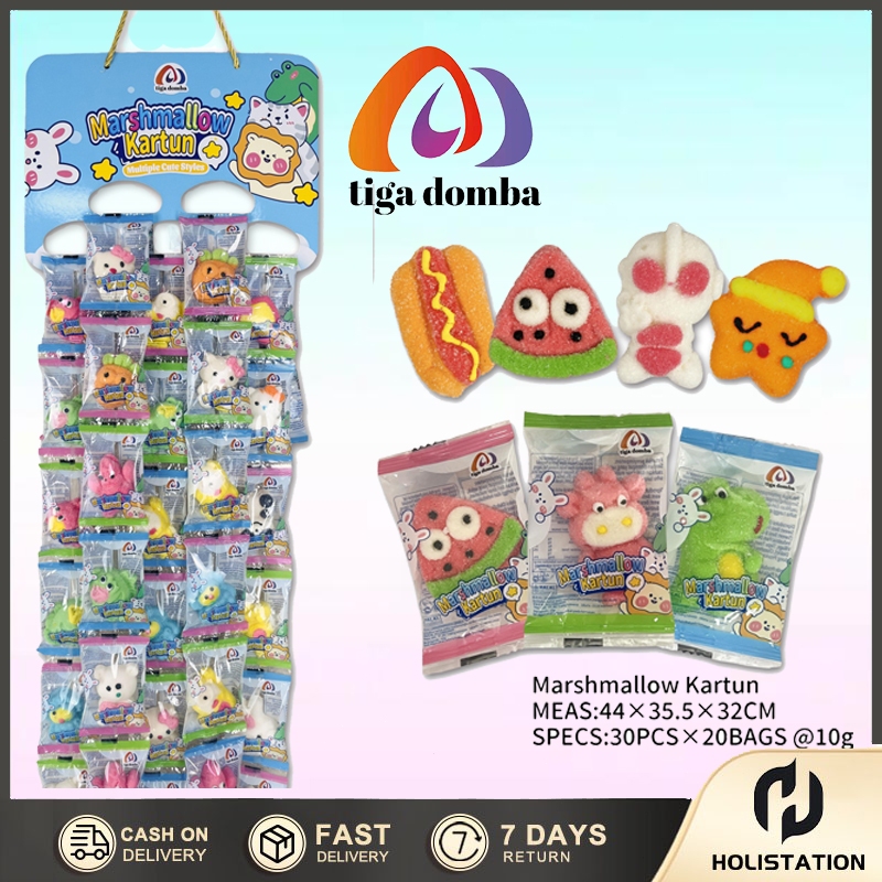 

1 box @30 Pcs-Marshmallow Kartun-Aneka Rasa Buah:Stroberi, Mangga, Melon ,Semangka Berbagai pola lucu Mini Snack MakananRASA BUAH MARSHMALLOW KARTUN 10g/kantong