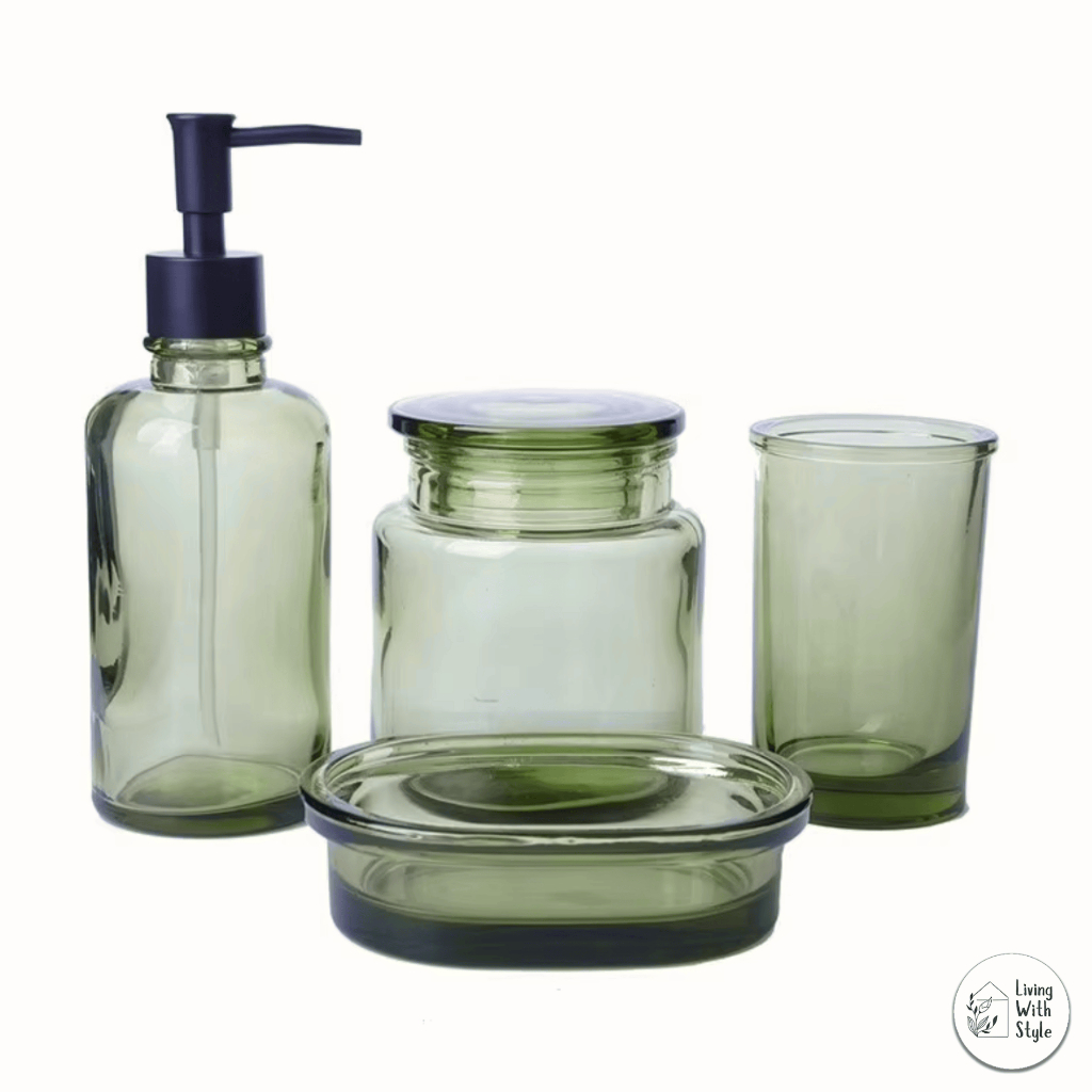 Living With Style - Felicia Clear Glass Bathroom Set / Perlengkapan Kamar Mandi Kaca Bening Cantik /
