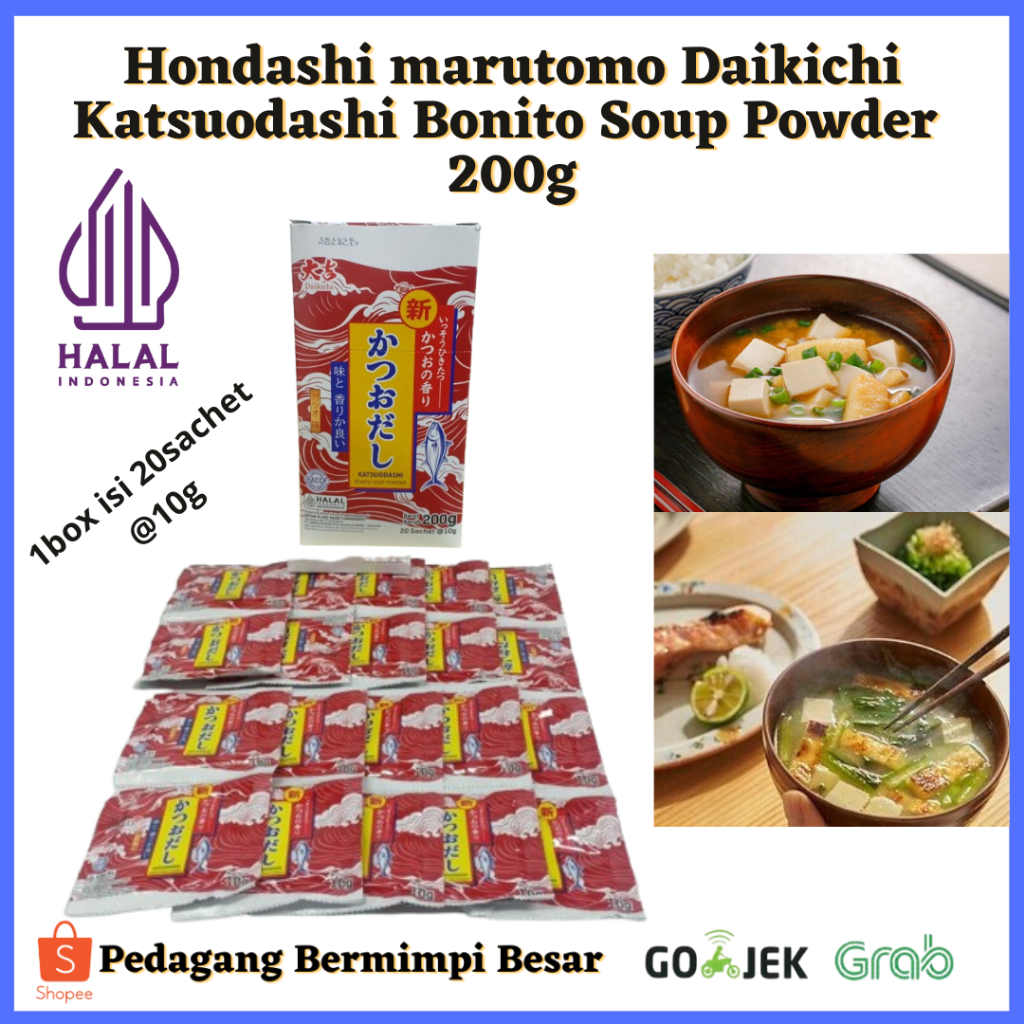 

Hondashi marutomo Daikichi Katsuodashi Bonito Soup Powder 200gHalal/ Daikichi Katsuodashi Bonito Soup Powder / Hondashi/ Bubuk Ikan Bonito/ Kaldu Ikan