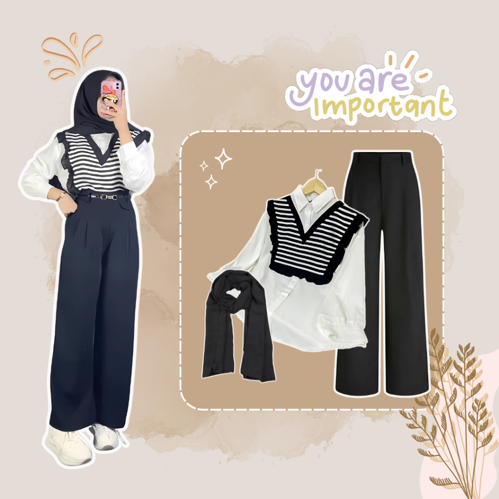 One set Wanita Remaja 3in1 Korean Hijab Style (Blouse, Celana jenny, Hijab) Outfit nongki kuliah ker