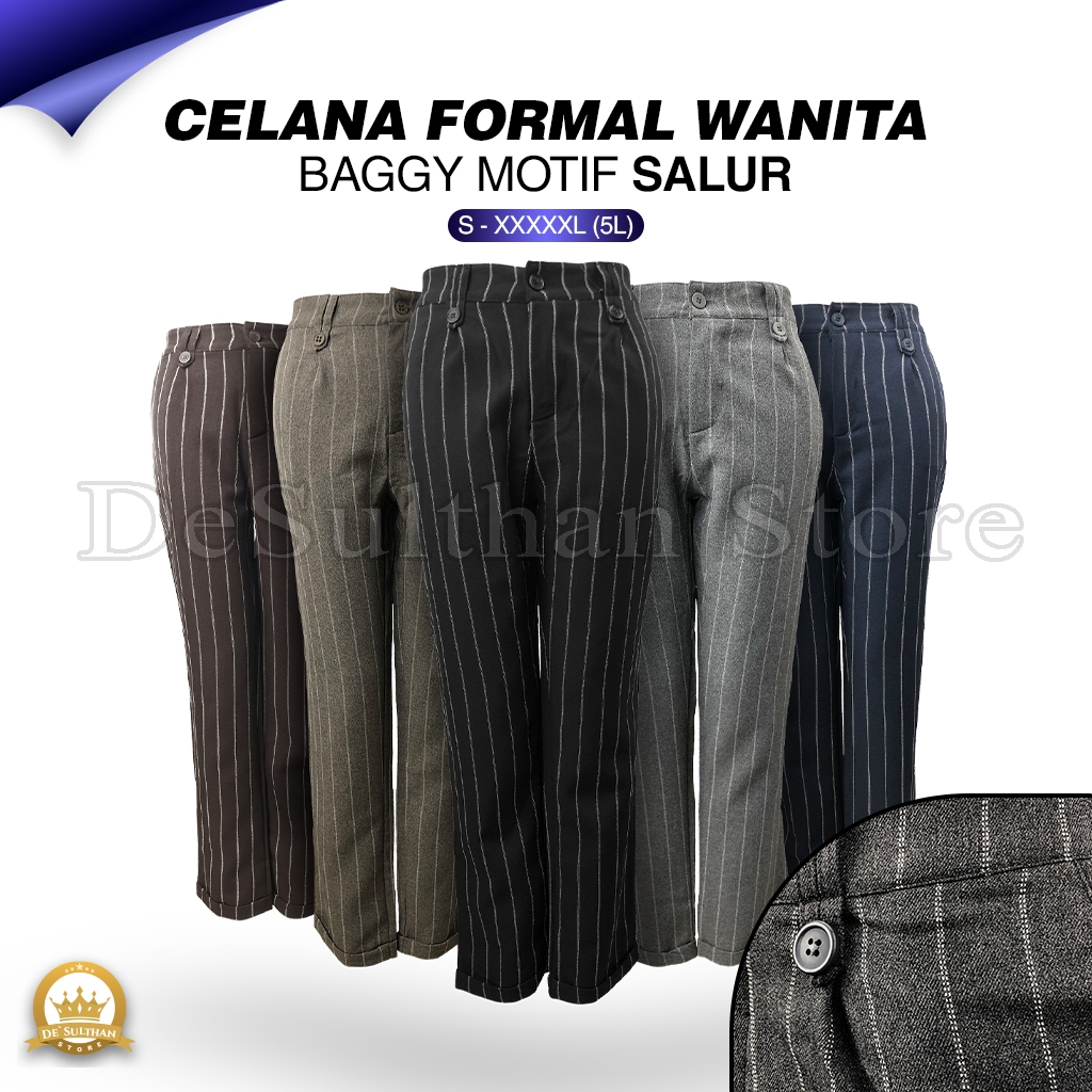 Celana Buggy Pants Panjang Motif Salur Wanita Pinggang Karet Pakaian Kerja Formal Kantoran Clana Bag