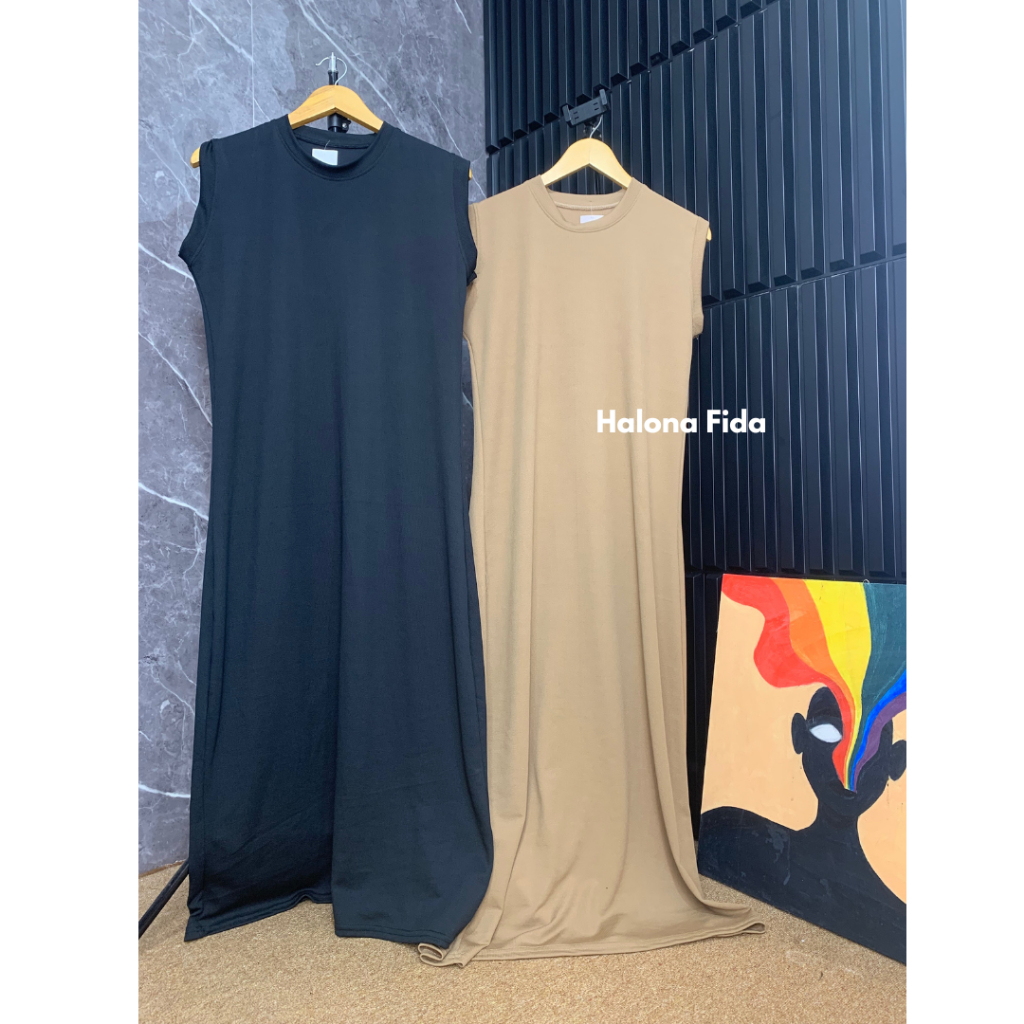 Halona Fida- Inner Iner Dres Dress Tanpa Lengan Putung Bahan Knit Scuba Polos Melar Simple Panjang M