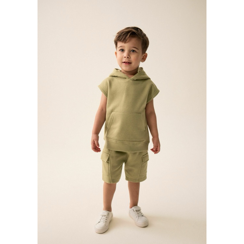NEXT Khaki Green Vest Short Sleeve Utility Hoodie and Shorts Set
