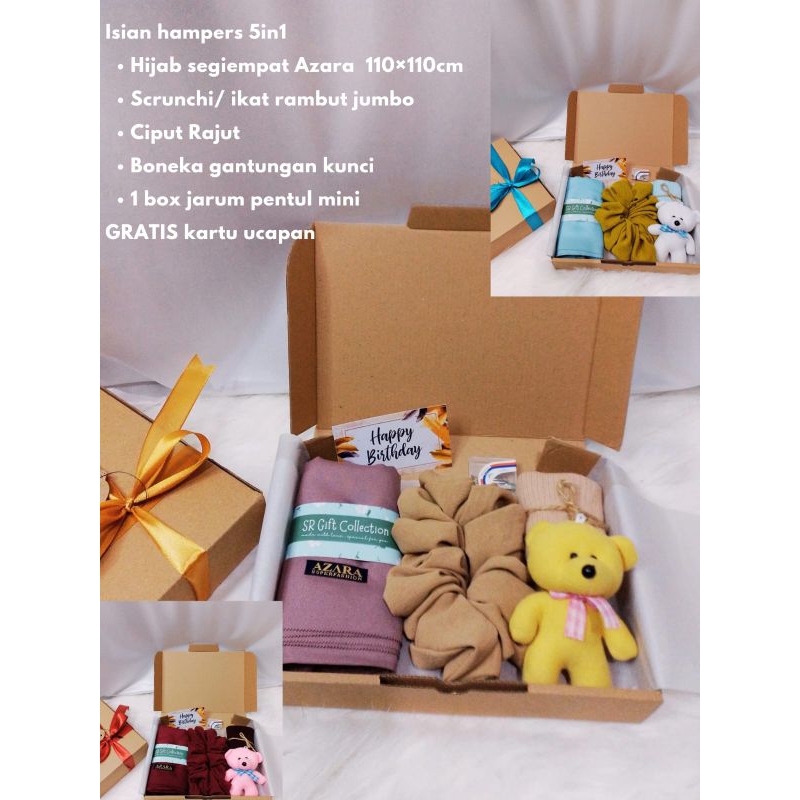 HAMPERS HiJAB Azara dan Bella square 5in1 kado ultah/ wedding/wisuda/hari ibu/hari guru/idul Fitri b