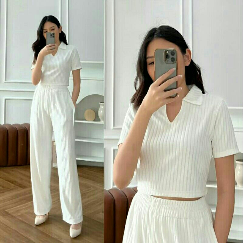 Setelan Rib Knit One Set Crop Top Korean//One Set Crop Top Wanita Polos