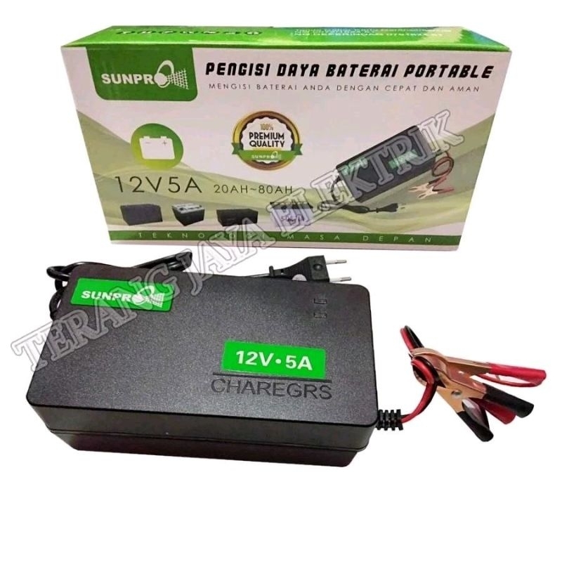 CHARGER AKI PORTABLE / CAS AKI DC 12V 5A 20AH~80AH SUNPRO PENGISI DAYA AKI BISA CAS AKI MOTOR DAN MO