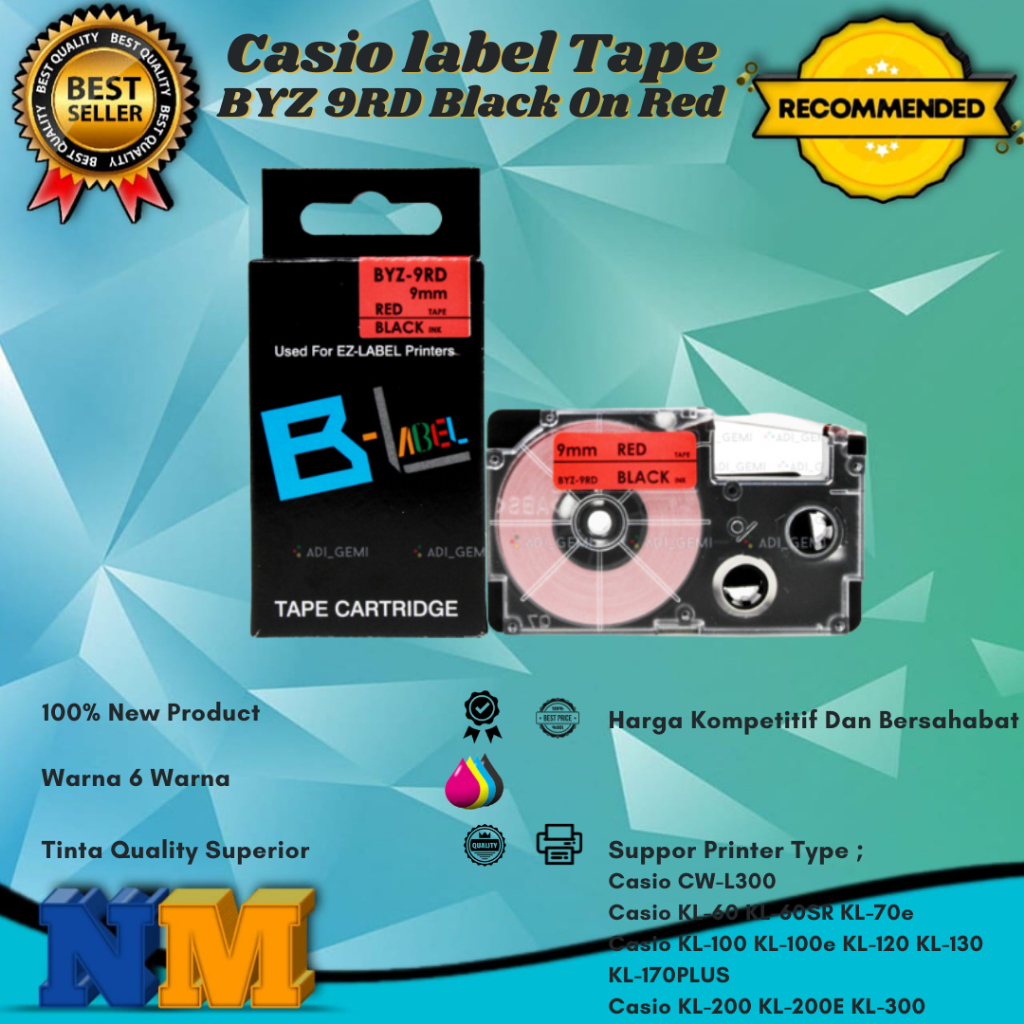 

Compatible Casio label Tape BYZ 9RD Black On Red - KL-100 KL-100e KL200
