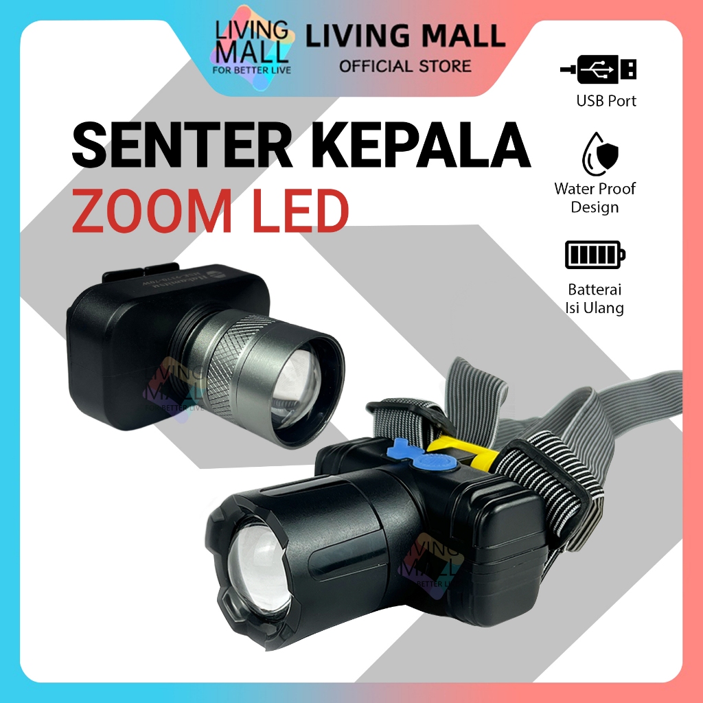 Senter Kepala Headlight LED / Senter Kepala Travel / Senter Kepala Charger HSK-9360 LED Putih
