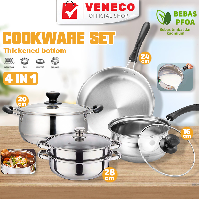 NEW PANCI STAINLESS STEEL 4 Set Panci dan Wajan Stainless Steel / Panci Kukus 28cm Panci Sup