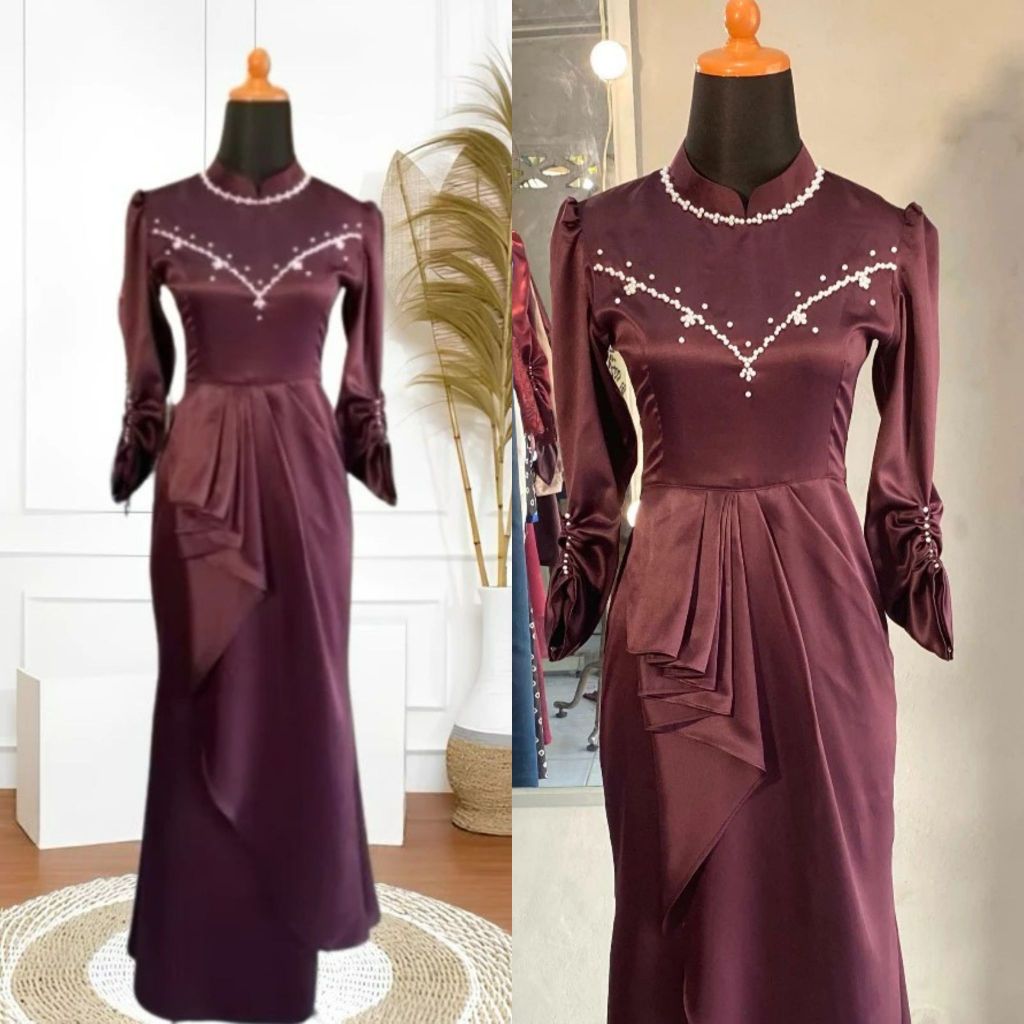 Kharisma Dress Satin Burgundy Polos Baju Lebaran Model Terbaru Gamis Kondangan Bridesmaid Duyung Bod