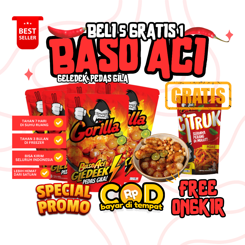 

(BUY 1 GET 1) Beli 5 Pcs Bakso Aci Pedas Gledeek, Gratis 1 Pcs Snack Pedas Manis Citruk