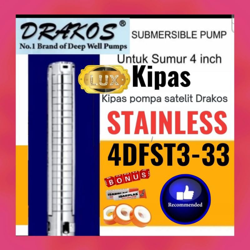 Bare pump pompa satelit 4inch STAINLESS DRAKOS 3 Hp 3phase 1phase 4dfst3-33 Outlet 1¼" Kipas submers