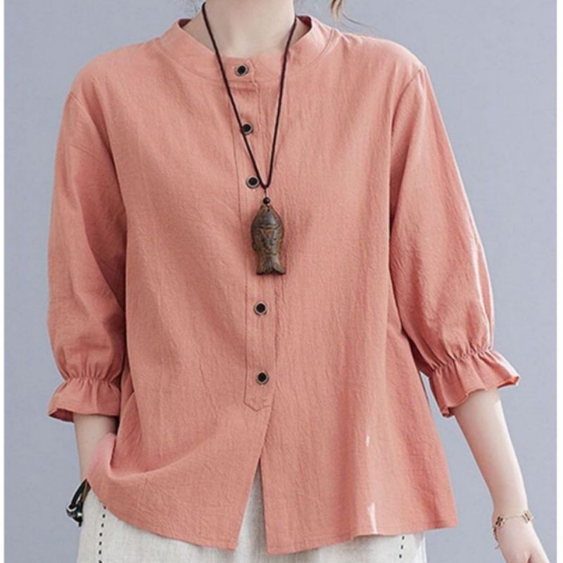 BLOUSE WANITA LINEN LEHER SHANGHAI JUMBO KEMEJA WANITA PREMIUM KERAH SHANGHAI