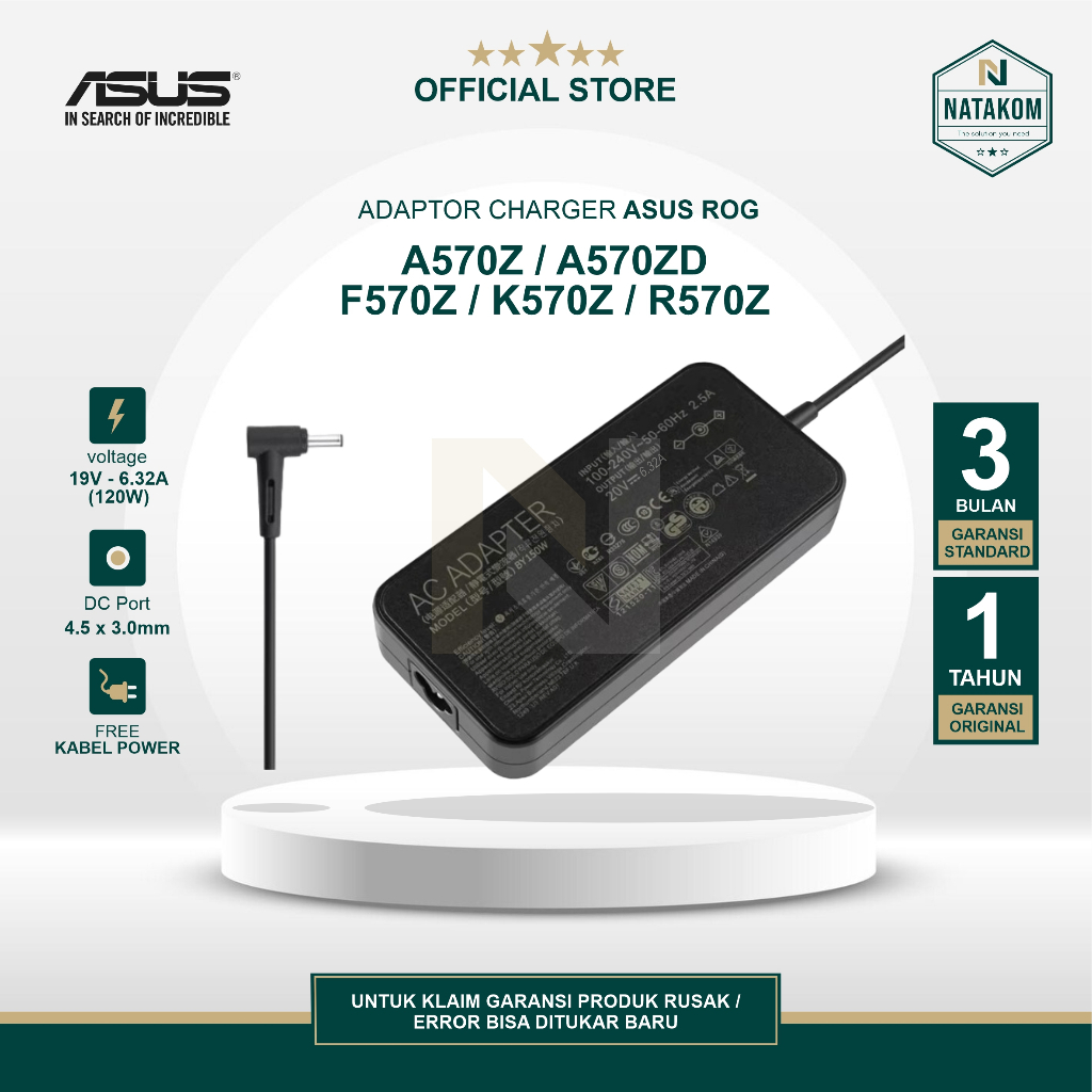 ADAPTOR CHARGER ORIGINAL ASUS A570Z A570ZD F570Z K570Z R570Z 6.32A FREE KABEL POWER