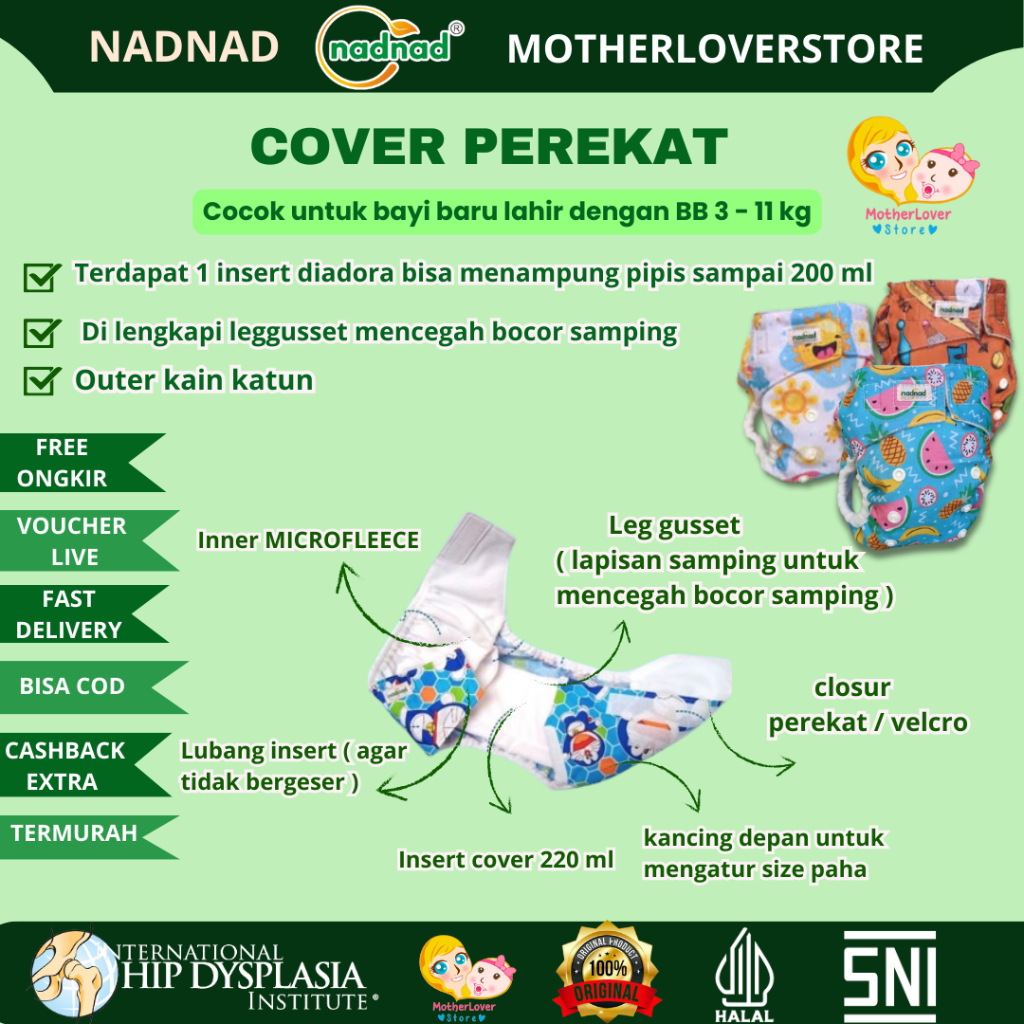 Clodi Nadnad by Sakina Popok kain Cloth diaper Murah Cover model Perekat/Pants