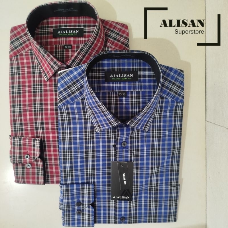 Alisan Kemeja Pria Kombinasi Kotak Kotak Merah/Biru Lengan Panjang Slimfit