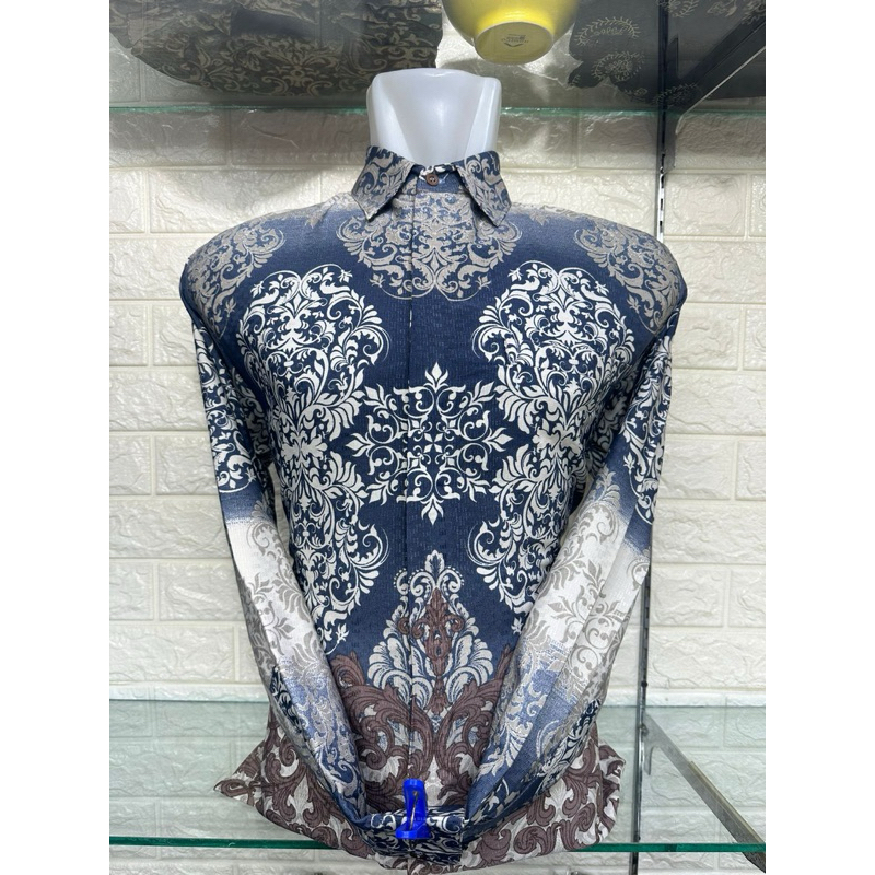 KEMEJA BATIK KAIN DOBI LAPIS FURING HERO // WARNA BIRU DENIM PERPADUAN PUTIH ABUABU
