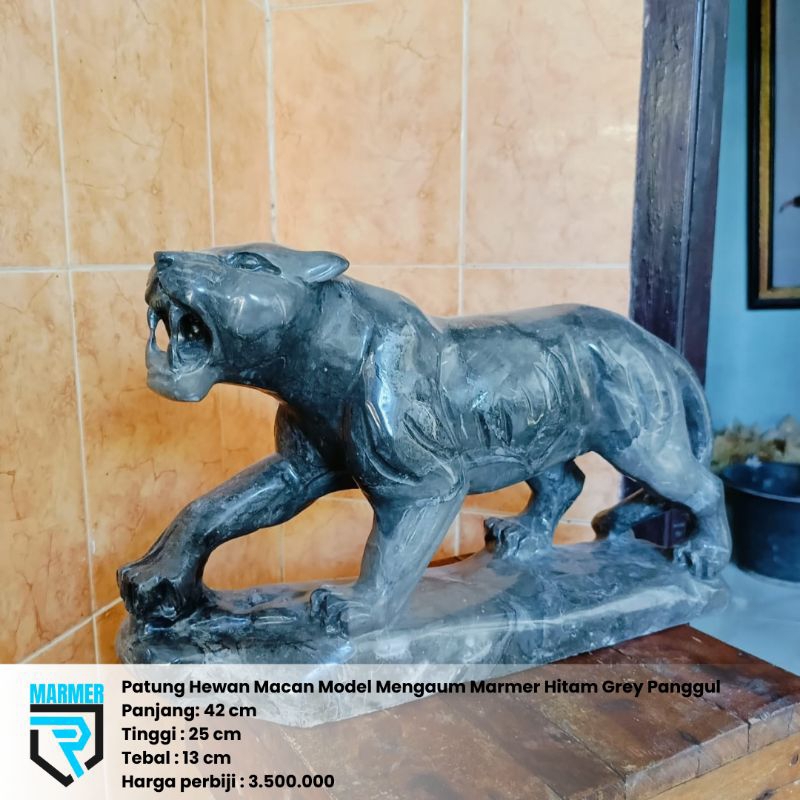 Patung Hewan Macan Model Mengaum Marmer Hitam Grey Panggul