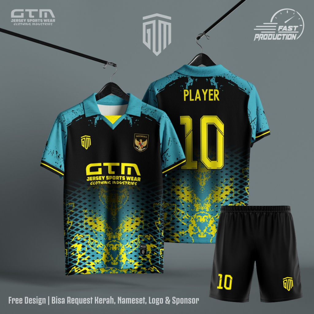 Jersey Bola Futsal Hitam Biru Kuning Kerah Retro ~ Free Custom Design 0017