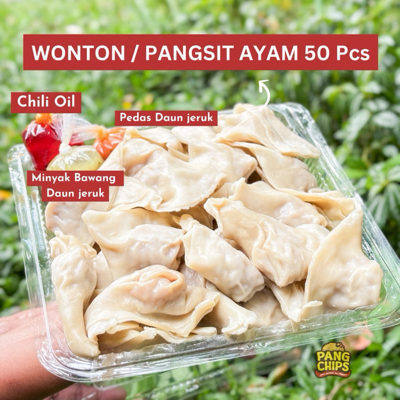 

50 pcs Wonton Pangsit Ayam Free chili Oil + Bumbu Pedas Daun jeruk Kuah Goreng by Kedai ngemil Mas Pangsit