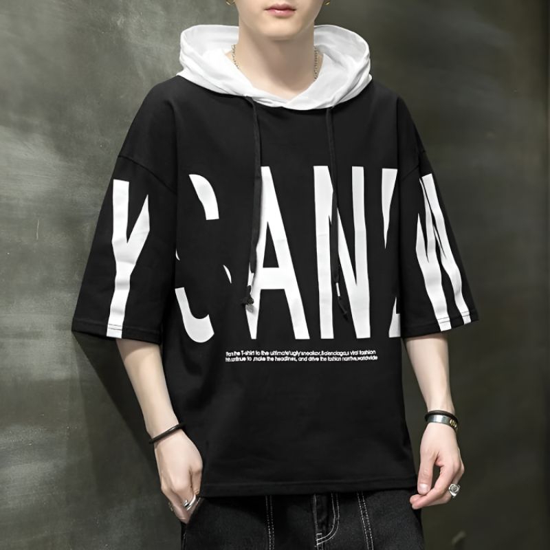 Kaos Hoodie Lengan Pendek Distro Pria Dewasa Tersedia Ukuran M fit L XL dan XXL - Kaos Hoodie Oversi