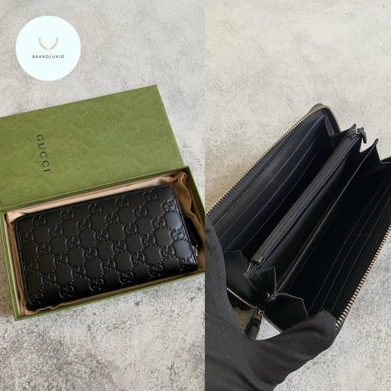 Gucci Wallet Long Zip GG Logo Embossed Leather Black