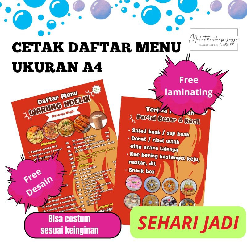 

Cetak daftar menu makanan minuman ukuran A4 free laminating desain bisa costum