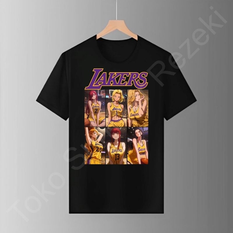 Baju Kaos Oblong LA Lakers Japan Waifu Pendek Hitam Black TShirt Viral Shirt Murah Obral Basket Ball
