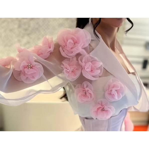 baju  pesta  dress  pink  dengan  bolero  putih hiasan bunga  lengan  panjang  dress  pesta