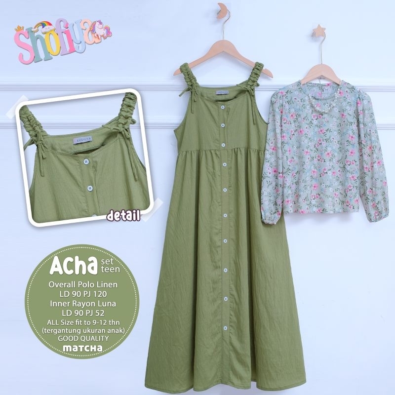 Overall set terbaru acha teen set polo linen mix rayon luna original by shofiya