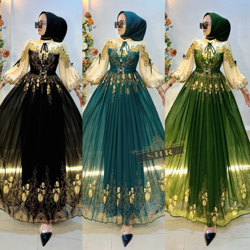 “ BY SHR ORI NEW “ READY MAXI DRESS SULTAN KANJENG AYU CERUTY FREE BELT BY SHR ORI BEST SELLER MEWAH