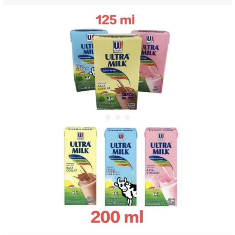 

Ultra Milk Susu UHT Varian Cokelat Vanila Strawberry is 125ml 200ml dan 250 ml