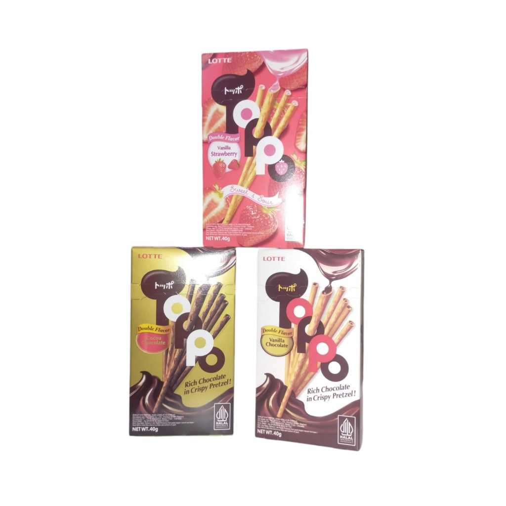 

Lotte Toppo Double Flavor 40g Vanilla Strawberry, Cocoa Chocolate, Vanilla Chocolate