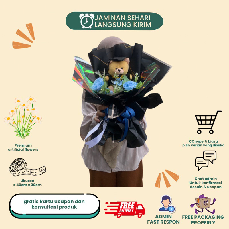 [ BISA INSTANT ] Buket Magelang Temanggung | Buket Jajan |  Boneka Wisuda Bunga Artificial Biru Pape