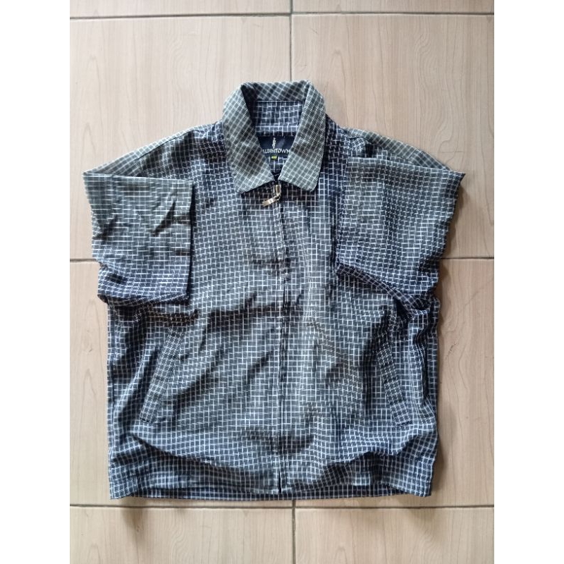 Workshirt Kemeja Variasi Resleting Merek Calbintown Motif Kotak Kotak Bahan Poliester Lengan Pendek 