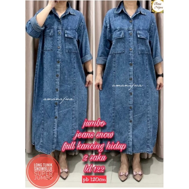 --kyi.fashion--  Long Tunik Super jumbo Tunik Wanita motif polos bahan jeans Ld 122 Premium