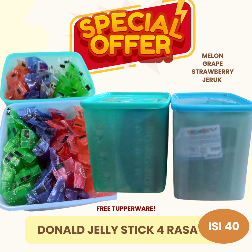 

BIG Donald Jelly Stick 1 TOPLES ISI 40 PCS Jelly 4 Variant + Free Tupperware Container