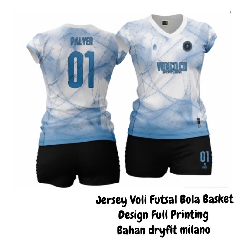 Setelan Kaos Jersey Voli Futsal Bola Cewek Perempuan Full Printing Hitam 01