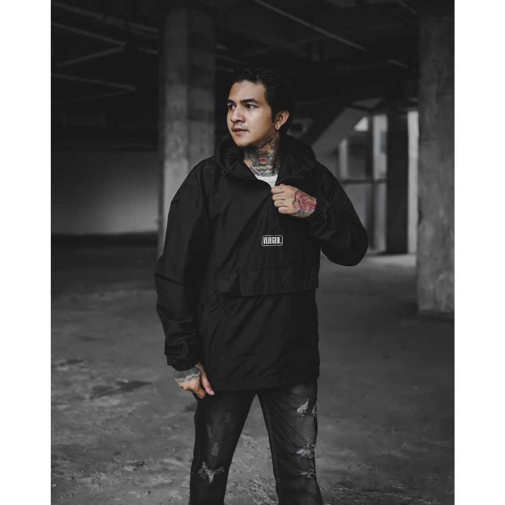 RA Cloth Jaket Cagoule Waterproof Full Hitam Polos Jaket Parasut Outdoor Vlieger