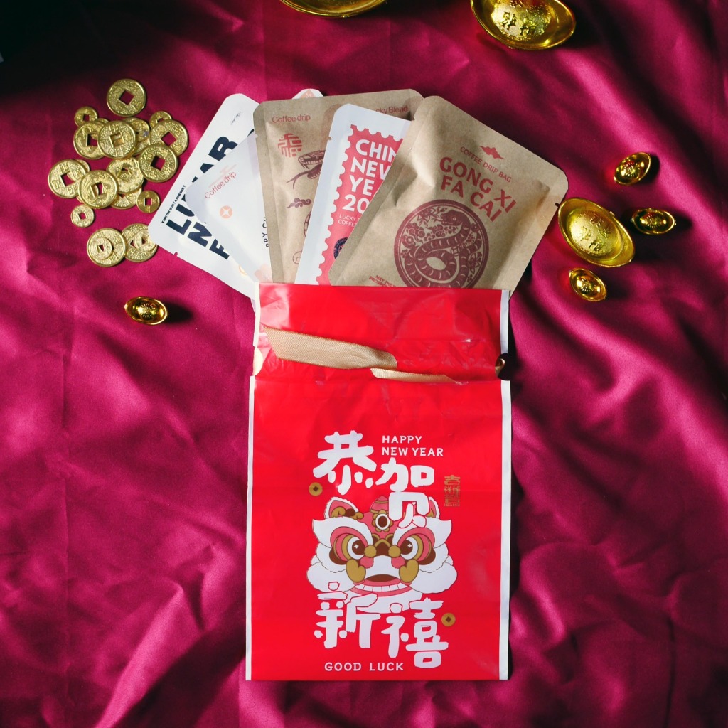 

Lucky Blend Hampers imlek Set 5 pcs Coffee Drip Imlek CNY Gong Xi Fa Cai Pouch untuk Hadiah