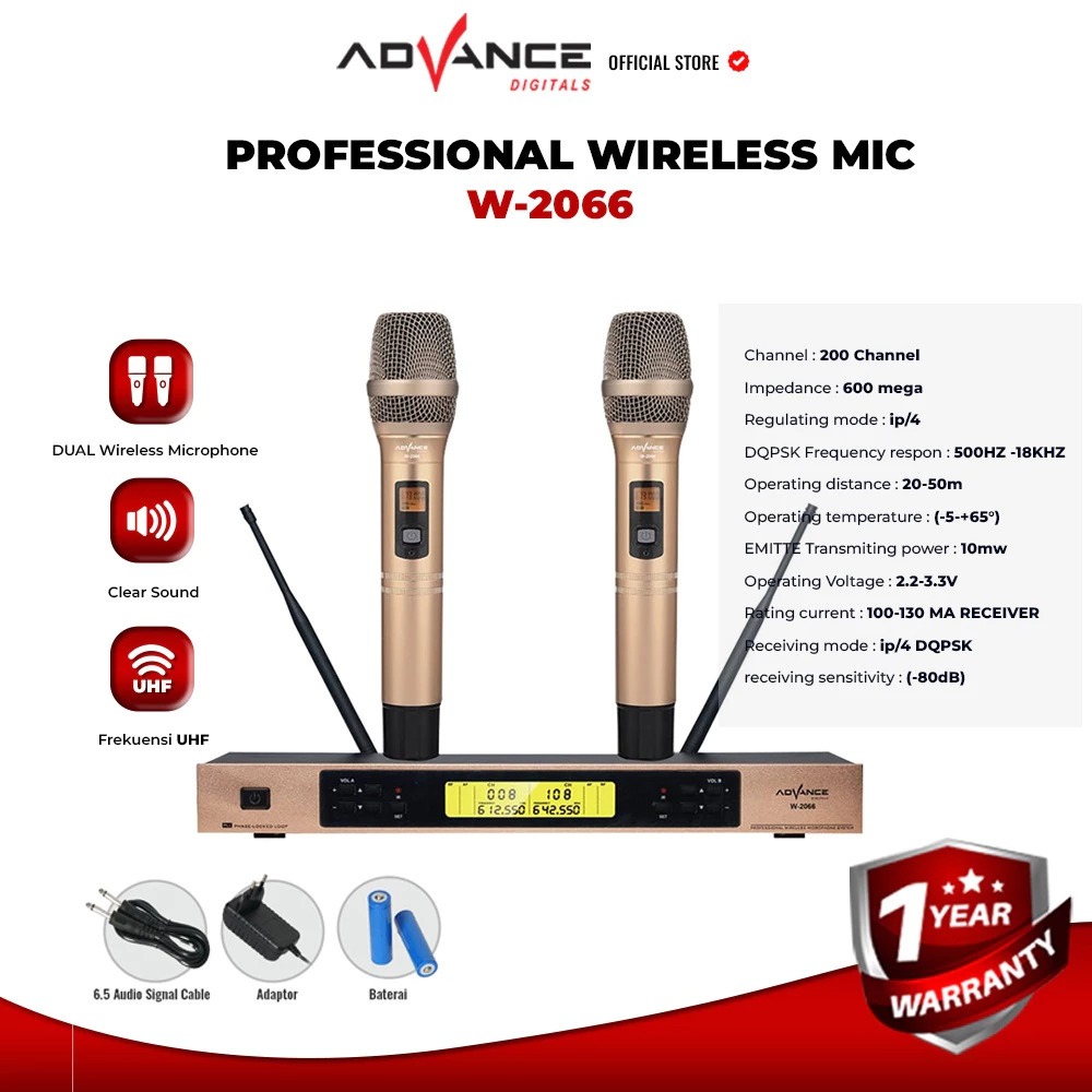 Advance W-2066 Dual Wireless Microphone Indoor dan Outdoor Garansi Resmi 1 Tahun