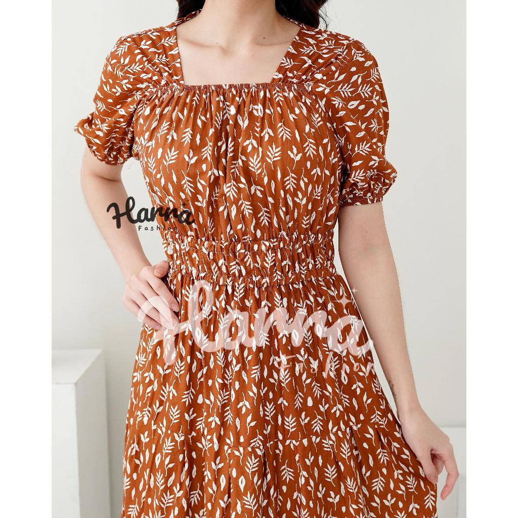 Dress V-Neck Midi Korea Model Sabrina | Dress A Line Print Daisy Lengan Puff