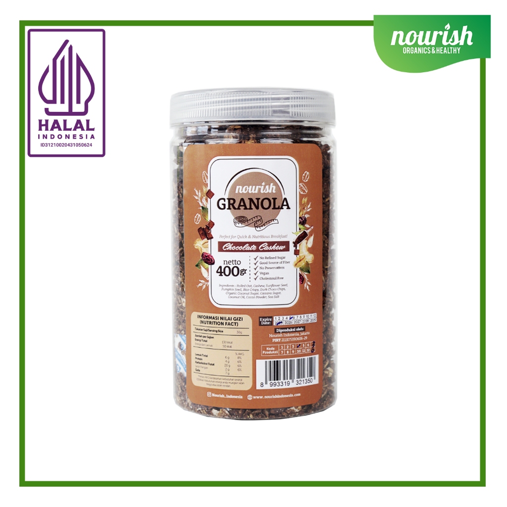 

Nourish Granola Chocolate Cashew - Kacang Mede (Bebas Kolesterol, Tinggi Serat, Vegan) 400gr