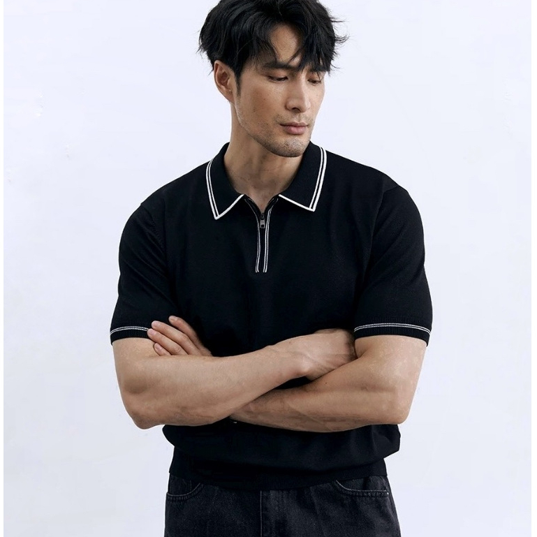 DERYN HALFZIP POLO SHIRT ( BLACK ) | BAJU POLO PRIA OLD MONEY STYLE ( HITAM )