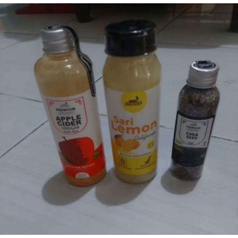 

PAKET HEMAT CUKA APEL 250 ML || SARI LEMON MURNI 250 ML TUTUP HITAM || PLUS CHIASEED 70 GR