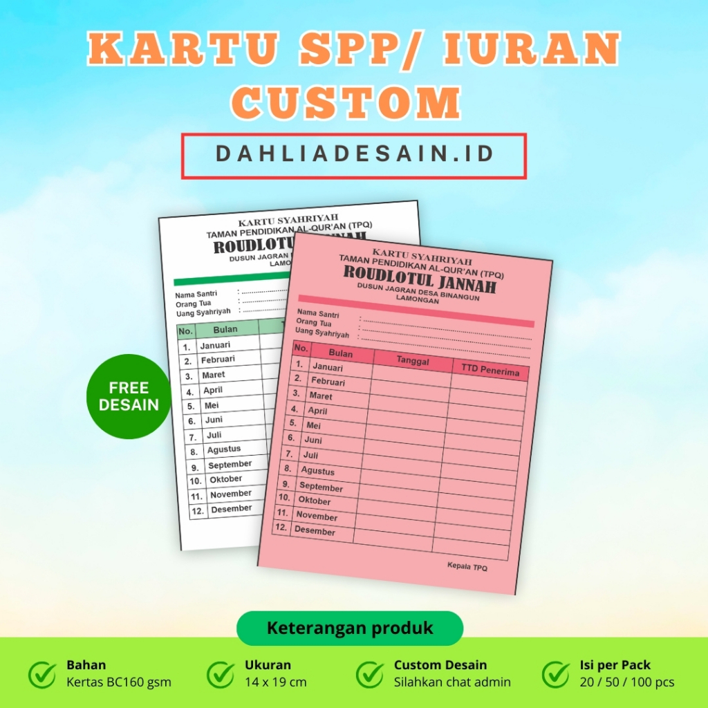 

[min.20 pcs] KARTU IURAN CUSTOM / SPP / INFAQ / SYAHRIYAH / IURAN BULANAN DAHLIA DESAIN