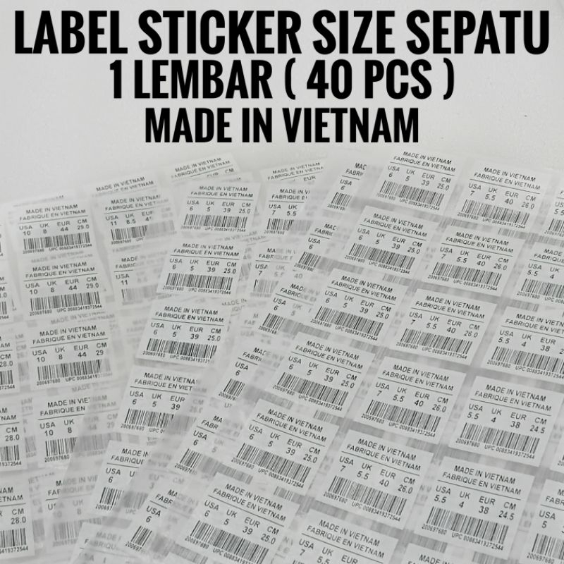Label Setrika size sepatu / Barcode Sepatu / Made In Vietnam 1 Lembar ( 40 pcs )