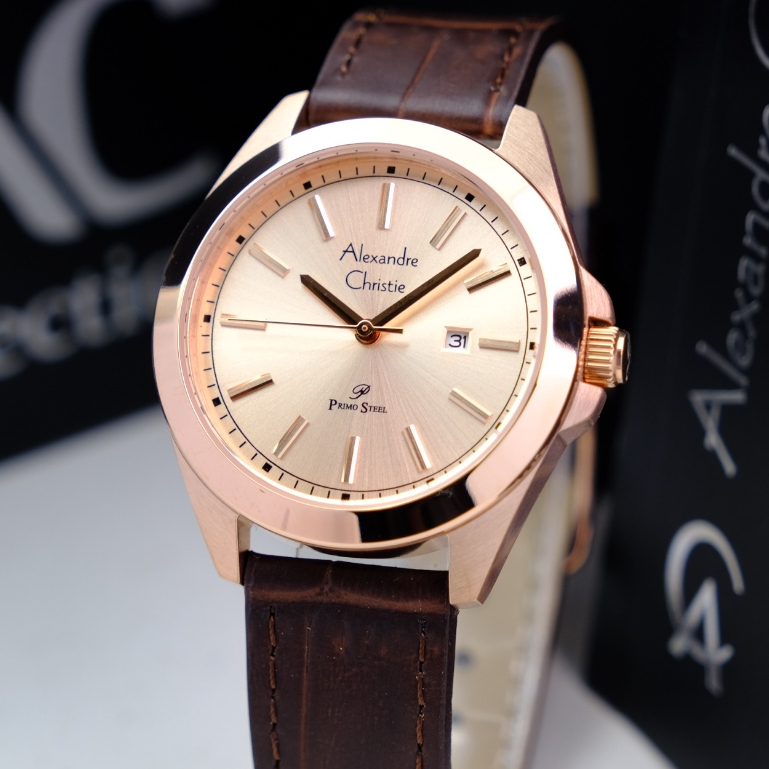 Alexandre Christie Wanita Terbaru Original Warna Rosegold Brown - AC1015 Strap Kulit