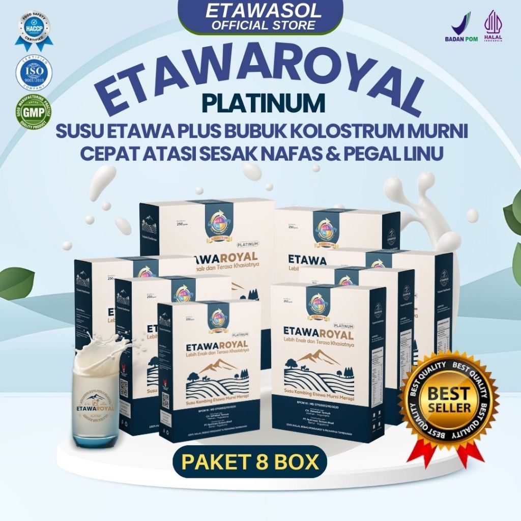 

ETAWAROYAL Platinum - 8 Box Susu Kambing Etawa Premium Untuk Therapi Nyeri Sendi, Pegal Linu, Keluhan Pernafasa, Asam Lambung