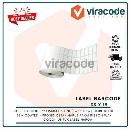 

LABEL BARCODE 33 X 15 (3 LINE) KERTAS STICKER LABEL SEMICOATED 33x15